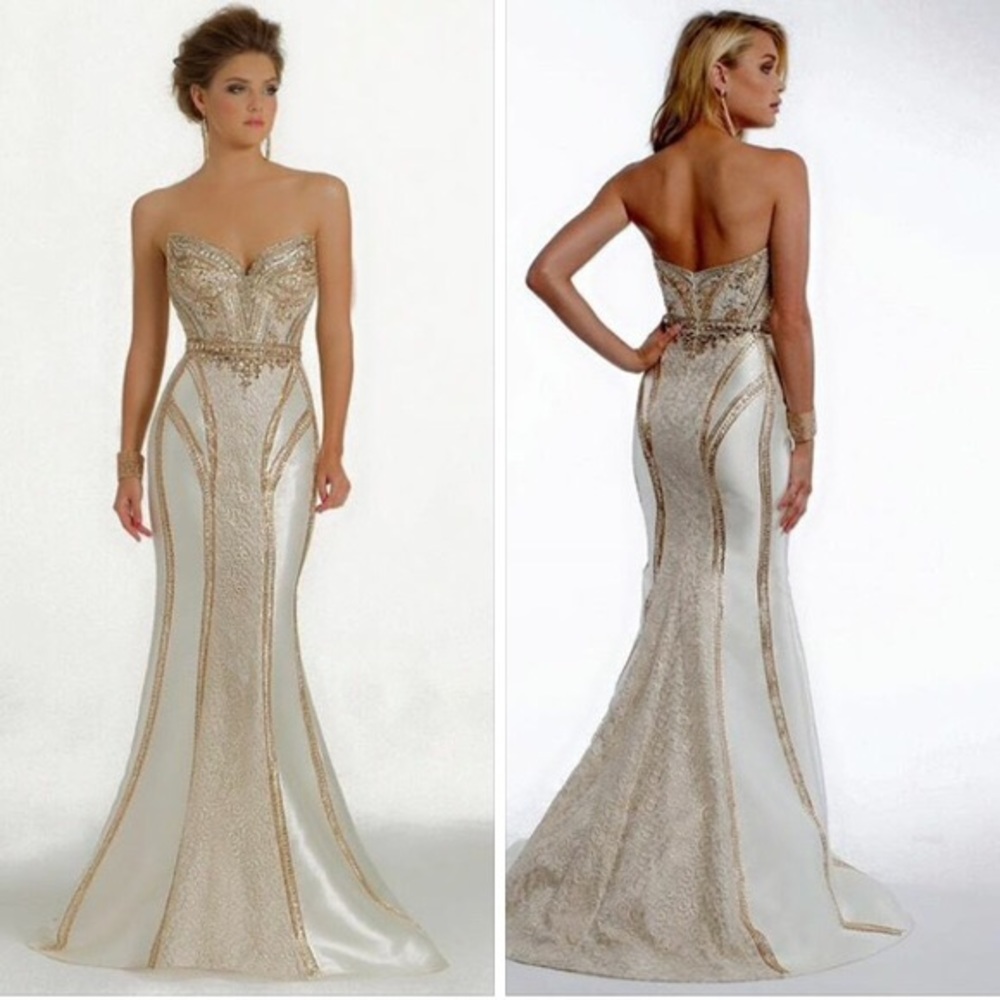 Camille La vie off white and gold beaded dress EUC